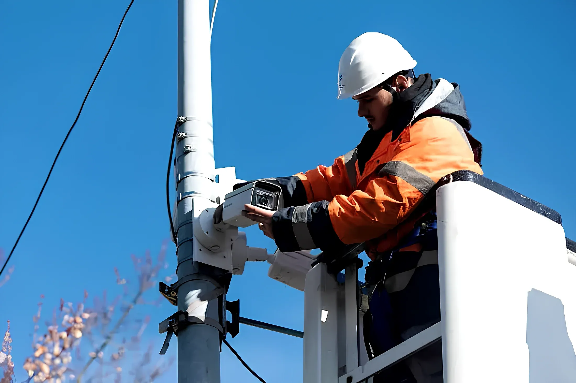 Instalator w kasku i kamizelce montuje kamerę zewnętrzną na słupie